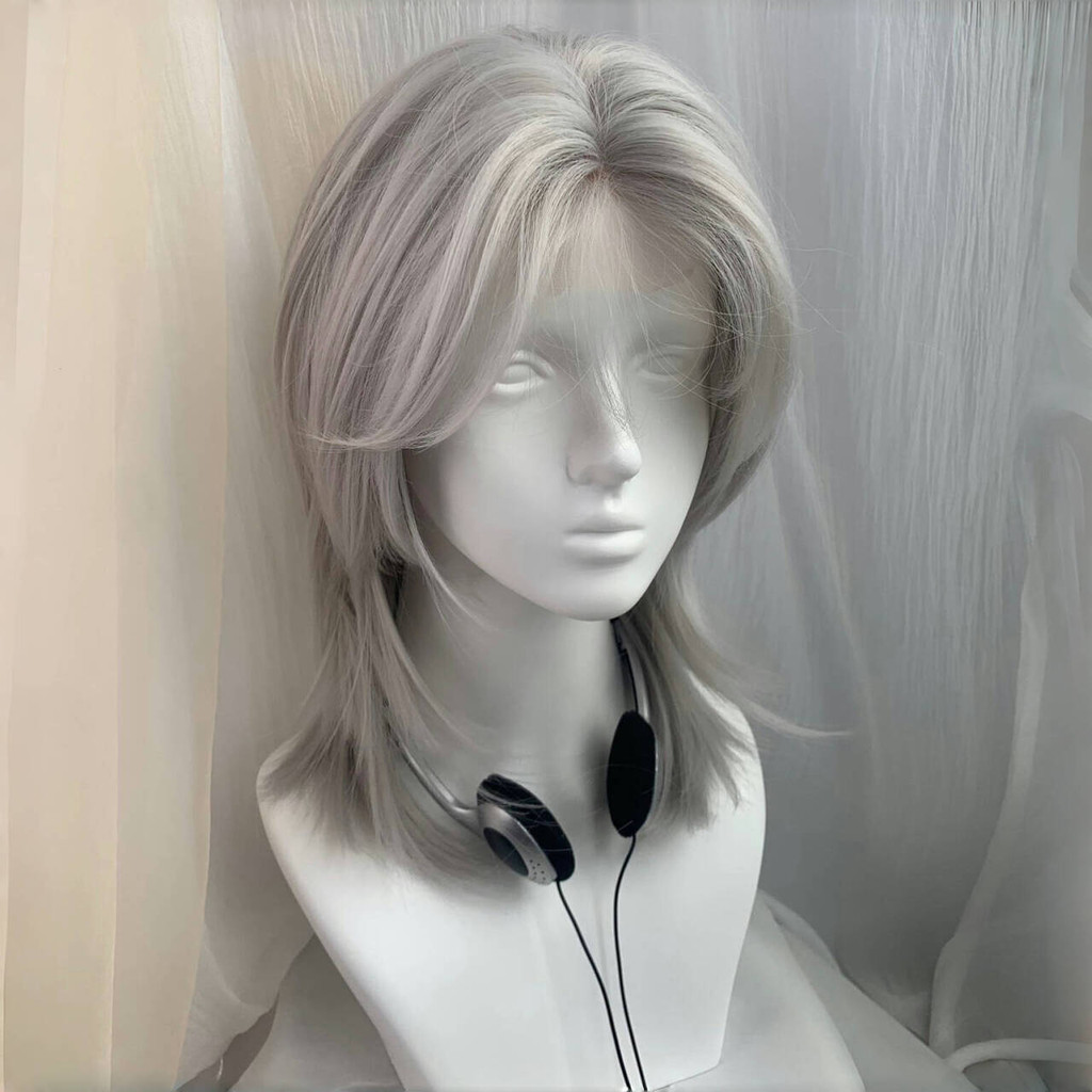 วิกผมหญิงหน้าผากลูกไม้เงินสีเทากลางแยก Wolftail Wolftail Neutral High-Layer Universal cos หมวกสไตล์