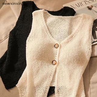 ^N^ ฤดูร้อนแฟชั่นสีทึบปุ่มเก๋คอวีแขนกุดถักเสื้อชั้นในสตรี {T}