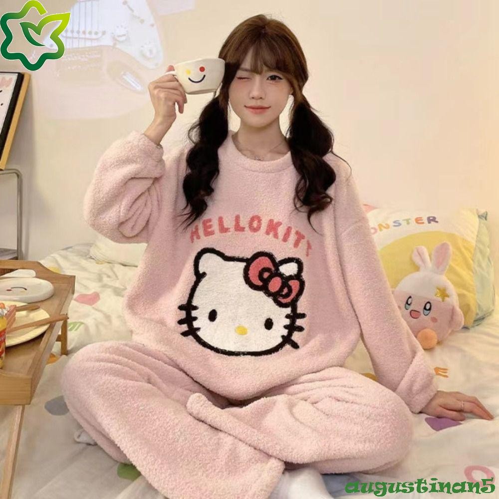 Augustinan ชุดนอนขนแกะปะการัง, Crayon Shin-chan Lattice Kitty Cat ชุดนอน, แฟชั่น Ins Homewear Kawaii การ์ตูนชุดนอนชุดสูทบ้าน