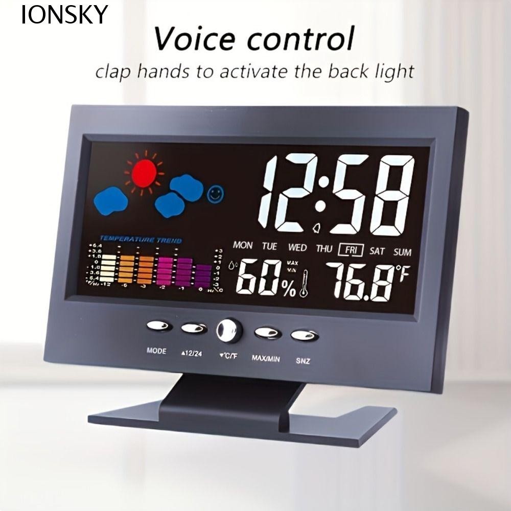 Ionsky นาฬิกาสภาพอากาศ LED, ปฏิทินถาวรนาฬิกาปลุกอิเล็กทรอนิกส์ที่สั่งงานด้วยเสียง, โต๊ะนาฬิกาปลุกแบ็คไลท์หน้าจอสี Backligh สร้างสรรค์