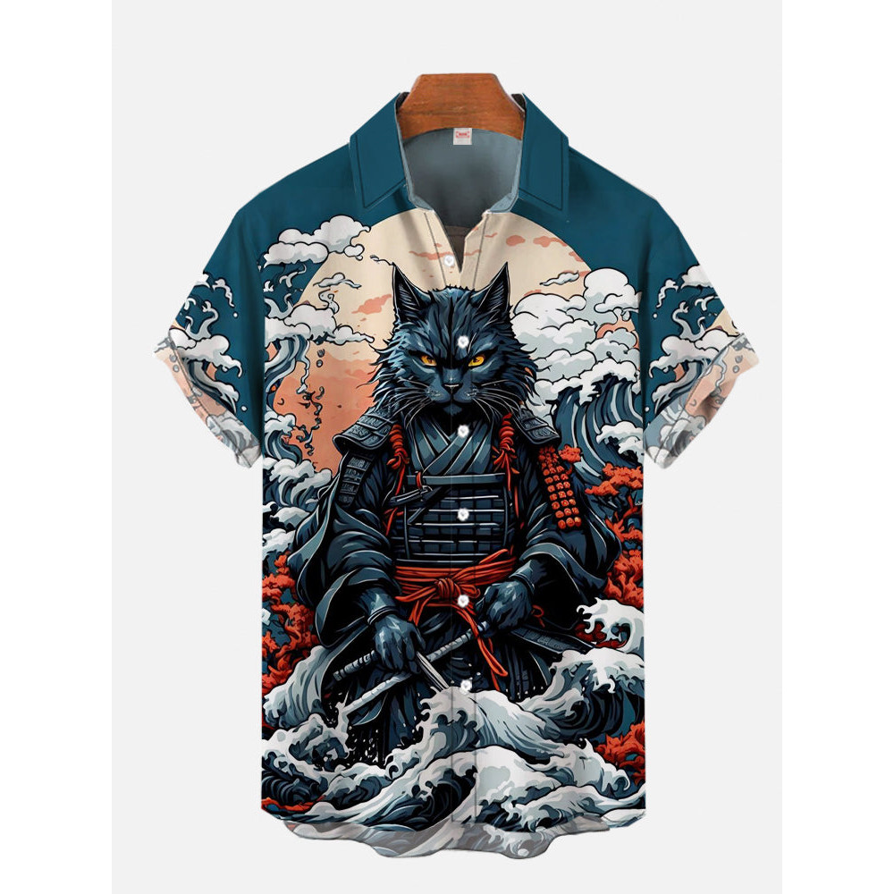 เสื้อเชิ้ตผู้ชาย พิมพ์ลายมังกรลําลองทุกวันท็อปส์ 3ง การพิมพ์เสื้อแขนสั้นแฟชั่นฤดูร้อน ยู นิสซ์ ฮาวายซามูไรแมวเสื้อ