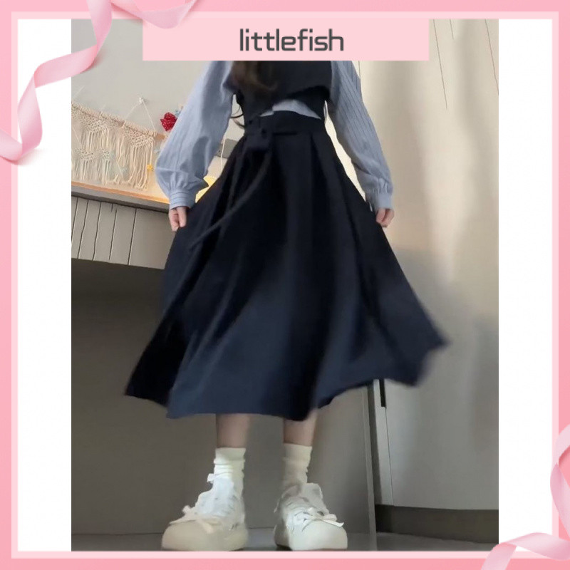 [Littlefish] ชุดสามชิ้นสไตล์วิทยาลัยสายรัดสั้นเสื้อกั๊กเสื้อเชิ้ตลายทางกระโปรงยาวเอวสูงสำหรับนักเรียนหญิง