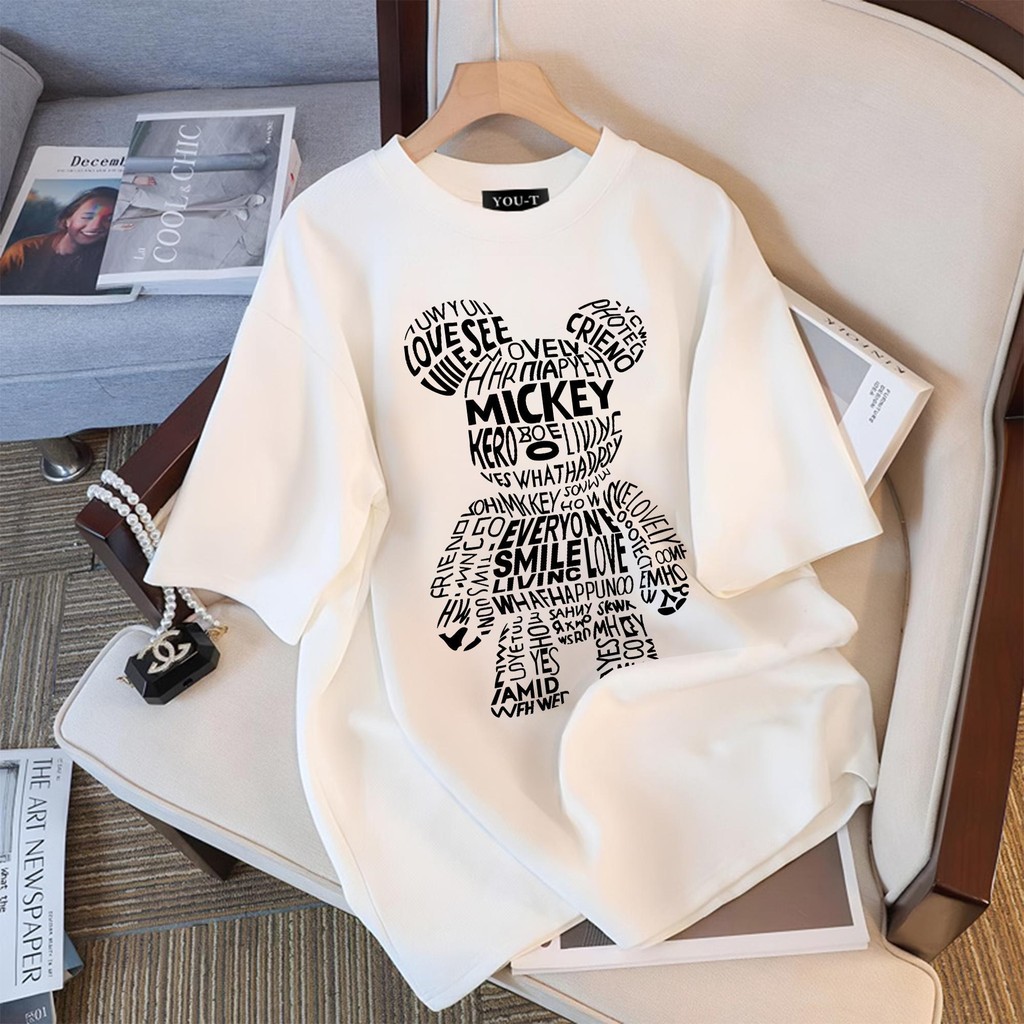 Basi💥 เสื้อดำ เสื้อยืด oversize สกรีนด้านหน้ ลาย MICKEY BEAR ผ้าคอตตอน100% เนื้อผ้าเกรดพรีเมียม คอกลม ใส่สบาย