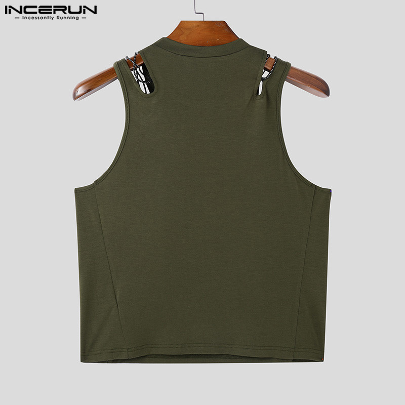 Incerun ผู้ชายเกาหลีแฟชั่น Scooped Patchwork ออกแบบเสื้อแขนกุด