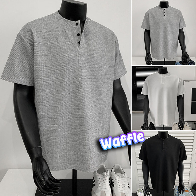 เสื้อยืดผู้ชายแขนสั้นสไตล์เกาหลี แบบวาฟเฟิล รอบคอบ ระบายอากาศได้ดี