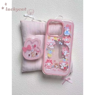 เข้ากันได้กับ iPhone 16 15 14 13 12 11 Pro Max X Xr Xs Max 7 8 Plus SE2020 เคสโทรศัพท์การ์ตูนน่ารักสีชมพูหวานโบว์กระต่าย + ขาตั้งฝาหลังนุ่ม