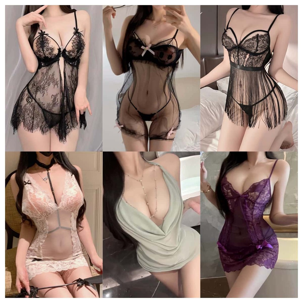 Lady🩶🩶เดรสรัดรูป ชุดลูกไม้ sexy lingerie ลูกไม้ซีทรู ห้อยคอ คอวีลึก ราคาถูก หลากหลายสไตล์