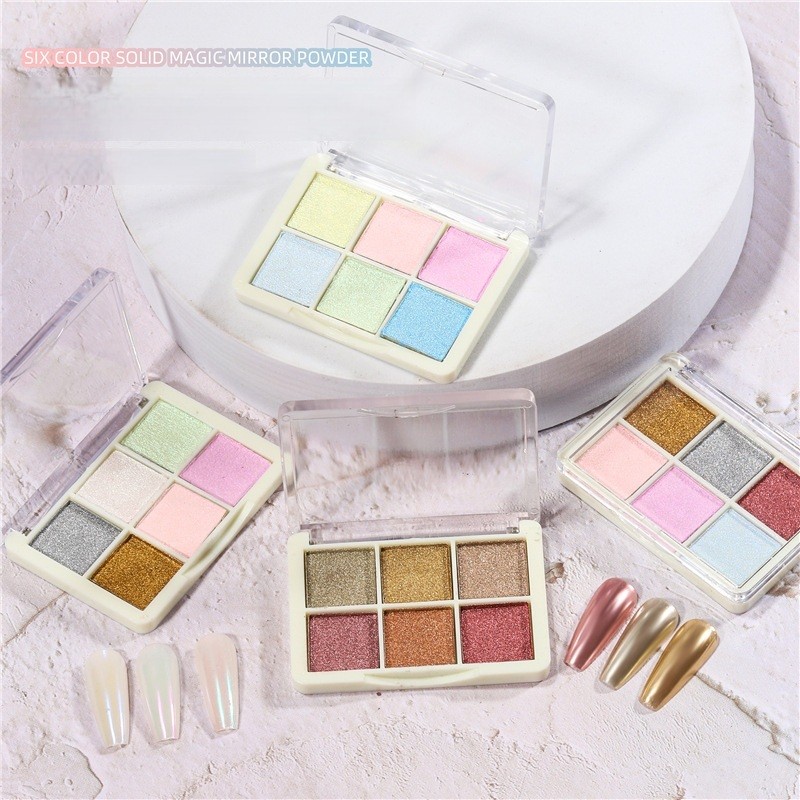 ผงกระจก 6สี ในตลับเดียว พาเลทผงขัดเล็บ ผงมิลเลอร์ ผงออโรล่า ใช้กับสีทาเล็บเจล