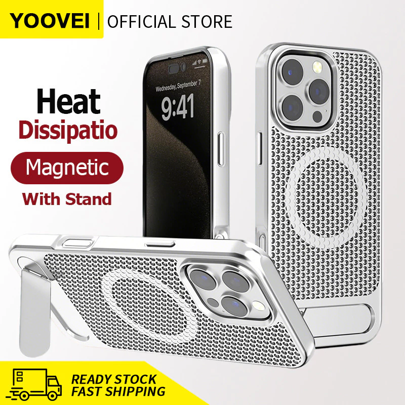 YOOVEI เคส Magnetic Heat Dissipatio สําหรับ iPhone 17/16 Pro, เคส Cooling Drop Protection สําหรับ 15/14/13/12, ขาตั้งแบบปรับได้, Ice Armour Cool Matte วัสดุ - สีเงิน