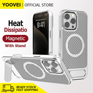 YOOVEI เคส Magnetic Heat Dissipatio สําหรับ iPhone 17/16 Pro, เคส Cooling Drop Protection สําหรับ 15/14/13/12, ขาตั้งแบบปรับได้, Ice Armour Cool Matte วัสดุ - สีเงิน