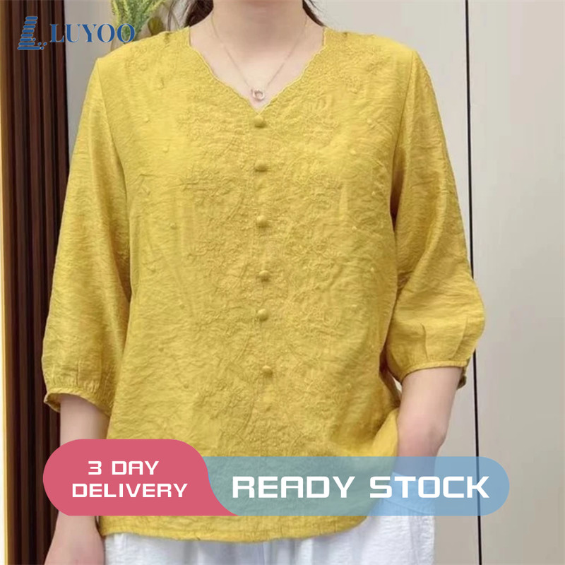 เสื้อเบลาส์ไซส์ใหญ่สำหรับผู้หญิง ผ้าฝ้ายปักลาย ลูยู เสื้อลำลอง