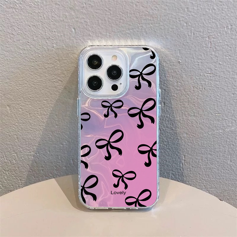 เต็มหน้าจอ โบว์สีดำ กันได้เคสไอโฟน 16 11 13 15 12 14 Pro Max XR 16 8 7 Plus X XS Max SE 2020หวานรักหัวใจเงาลูกฟูกเคส
