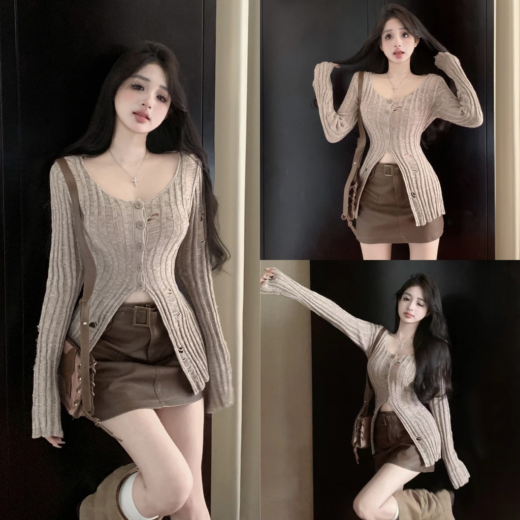 🍏Evelyn🍏 เสื้อถักไหมพรมสีพื้น คอวี แขนยาว ผ้าร่องใหญ่ แหวกกลาง ใส่สบาย สไตล์ลำลอง (สี Khaki)
