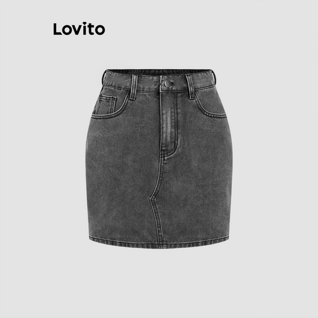 Lovito กระโปรงยีนส์ฟอกสีเรียบซิปลำลองสำหรับผู้หญิง L114AD135