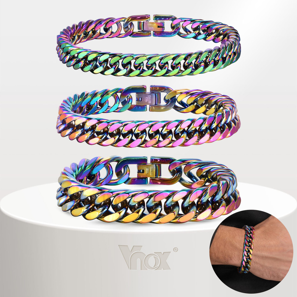 Vnox Cuban Link สร้อยข้อมือ 8 มม./10 มม./12 มม.กว้าง,สแตนเลสหลายสี 21 ซม.สร้อยข้อมือสําหรับผู้ชายผู้หญิงเครื่องประดับของ
