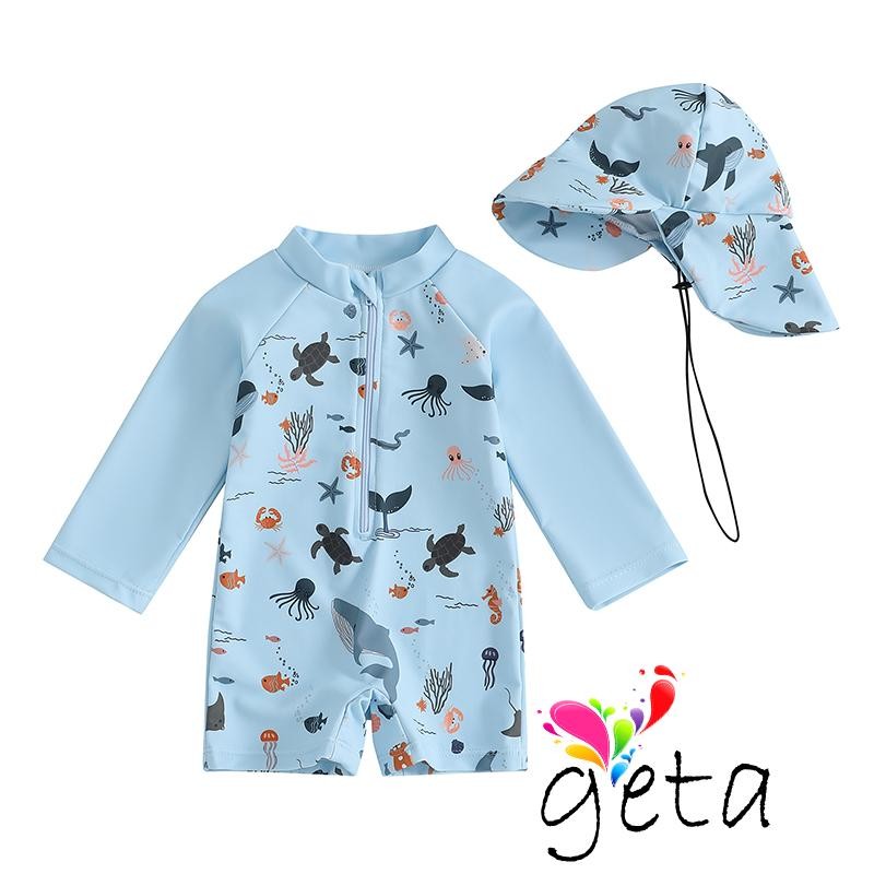 Ljw-ชุดว่ายน้ําเด็กทารก Marine Animal พิมพ์ซิปแขนยาว Rash Guard ชุดว่ายน้ําและหมวก Beachwear