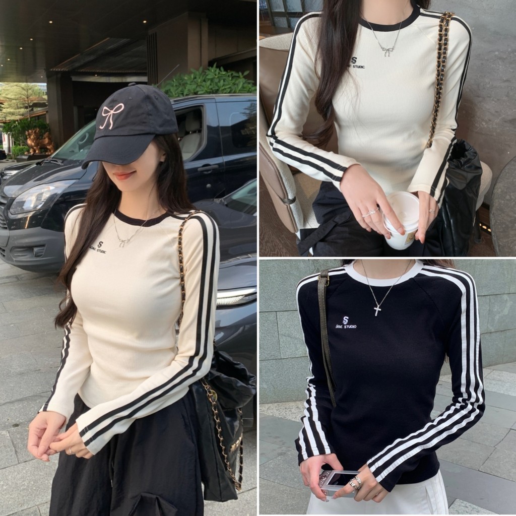 cherryshop พร้อมส่ง เสื้อยืดแขนยาวลายทางสตรีวินเทจอเมริกัน คอกลม งานปักตัวอักษร แฟชั่นที่ตัดกัน ใส่เเล้วดูผอม
