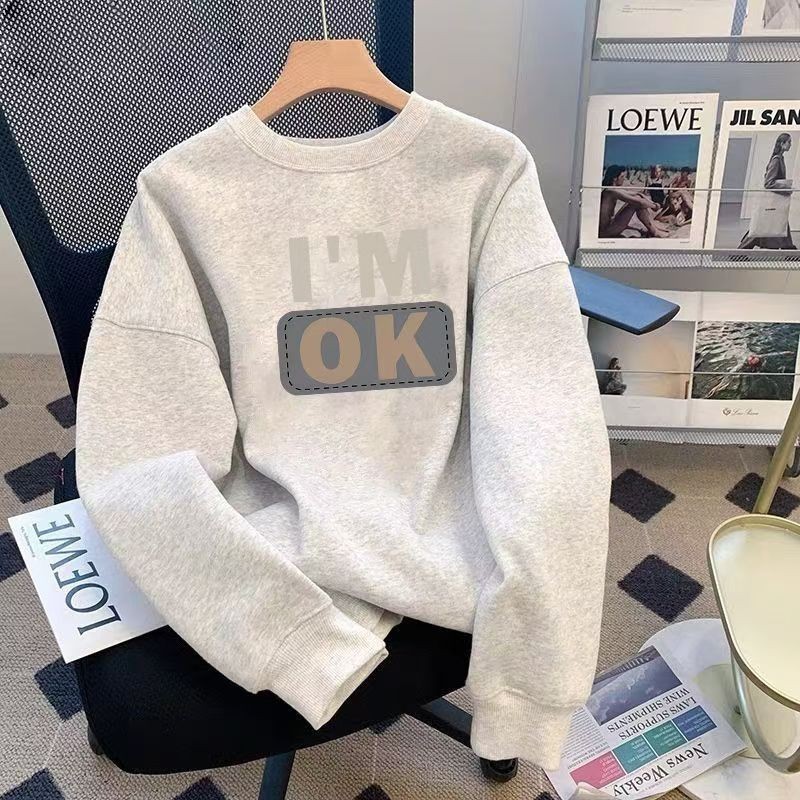 (จัดส่งตลอด 24 ชั่วโมง)WooRight เสื้อที่มีลวดลาย “I'M OK” ไฮเอนด์คอกลมฤดูใบไม้ร่วงฤดูหนาวสตรีทส ความเรียบง่ายของเกาหลี