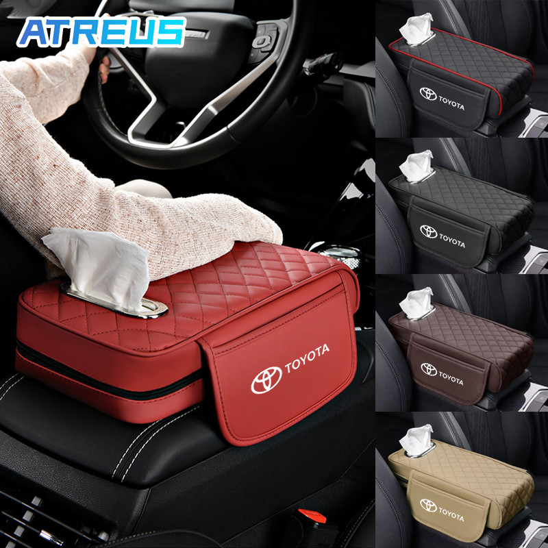 Toyota รถคอนโซลกลางเบาะ Pad กล องกระดาษทิชชูกระเป กระเป๋าเก็บของ PU หนัง Armrest Pad สำหรับ Toyota Prius Fortuner Corolla Cross CHR Camry Wish Vios Veloz Estima Sienta Yaris Ativ Altis Hilux Revo bZ4X Hiace