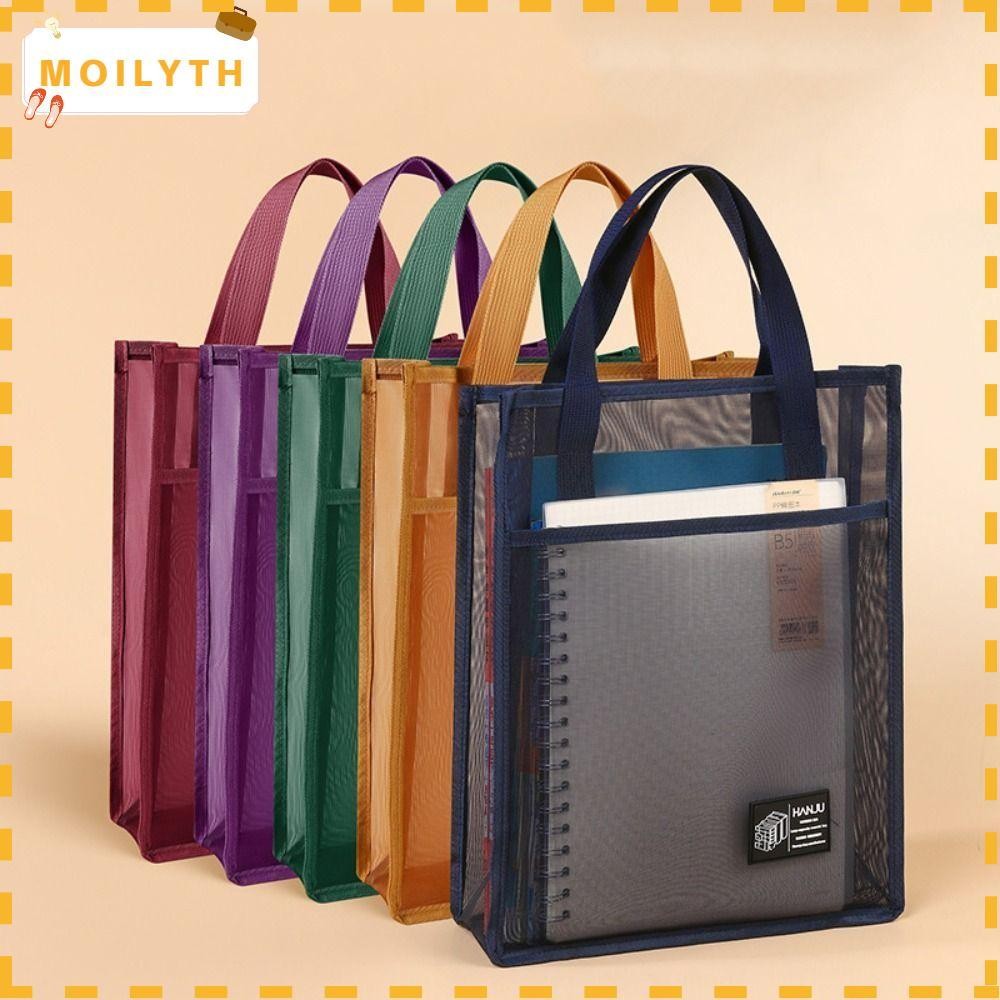 โมลิธ กระเป๋าถือตาข่าย,น้ําหนักเบาความจุขนาดใหญ่ถุงสิริ,ไนล่อนสีทึบแนวตั้งนํามาใช้ใหม่กระเป๋าหนังสือนักเรียนอุปกรณ์การเรียน