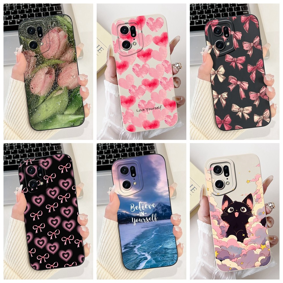 Oppo Find X5 Pro Case CPH2305 ซิลิโคนแมวน่ารักแฟชั่นผีเสื้อดอกไม้รักทาสีฝาครอบ Oppo ค้นหา X5 Pro เคส