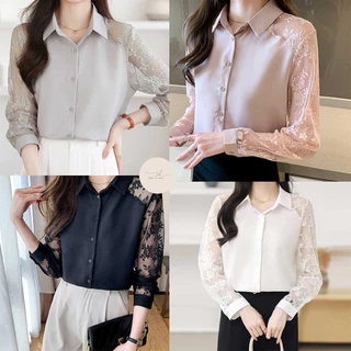 เสื้อเชิ้ตแขนยาว ลูกไม้ ผ้าชีฟอง ดีไซน์แฟชั่น