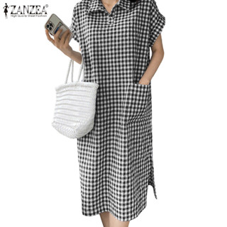 ZANZEA ผู้หญิงเกาหลีสํานักงานลําลองปก Raglan แขนครึ่งก้นชุดเ…