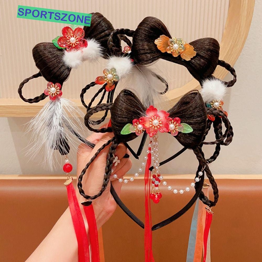 Sportszone เด็กวิกผมที่คาดผม,ดอกไม้พู่ตรุษจีน Headwear, All-match Braid Hair Tang ชุดผม Hoop Plush Hanfu ผม Sticks เด็ก