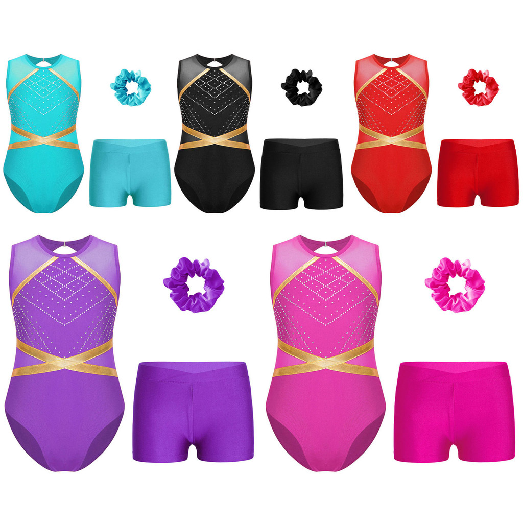 เด็กสาวจังหวะยิมนาสติกชุดรูปสเก็ต Acrobatics โยคะบัลเล่ต์เต้นรํา Leotard ชุดแขนกุด Glittery Rhinestones บอดี้สูทกางเกงขาสั้นผม Tie