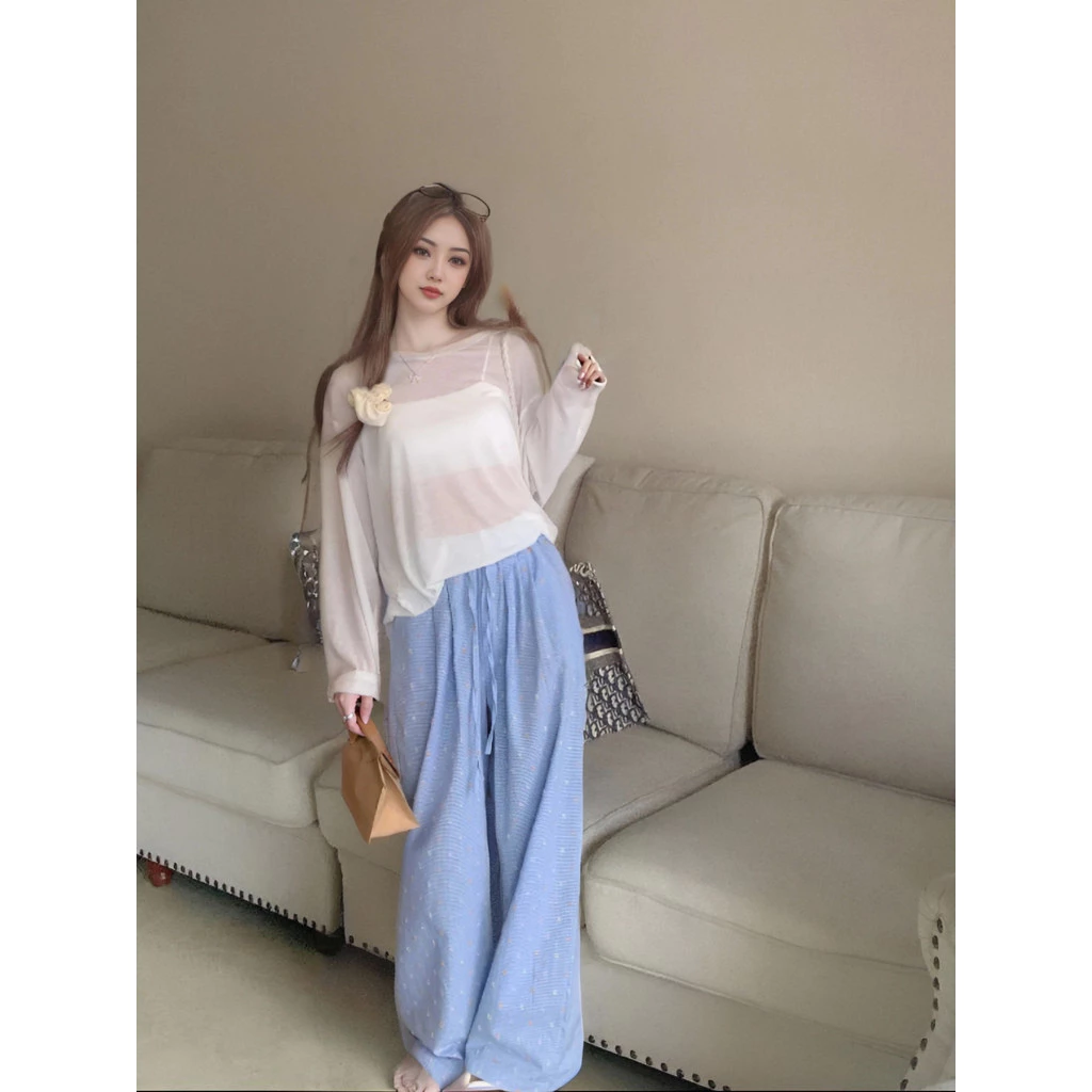 กางเกงขาบานผู้หญิง ลายจุด สีเหลือง thumbnail 4
