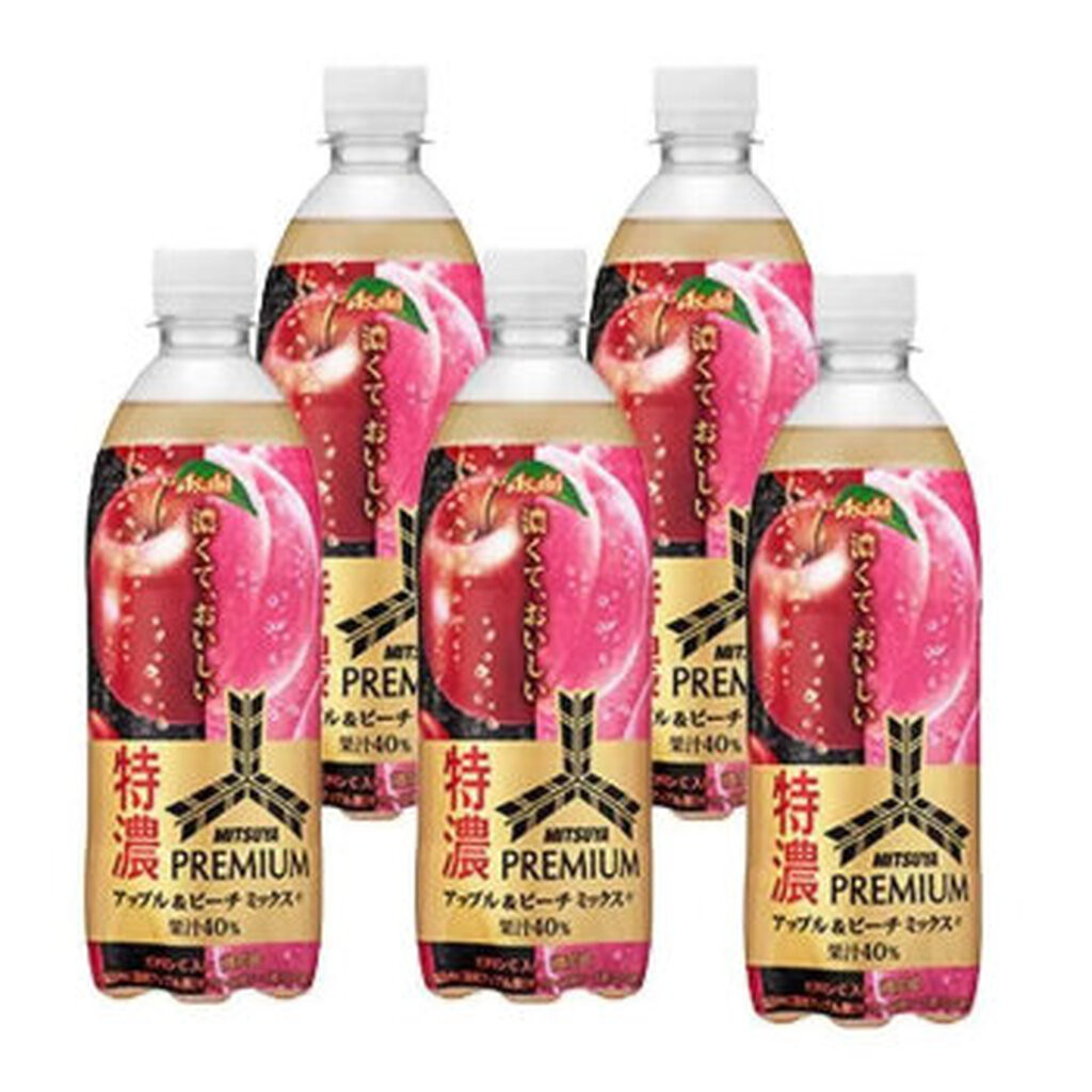 Asahi mitsuya น้ำแอปเปิ้ลและพีช ผสานสองรสผลไม้ในขวดเดียว บรรจุ 500 ml.