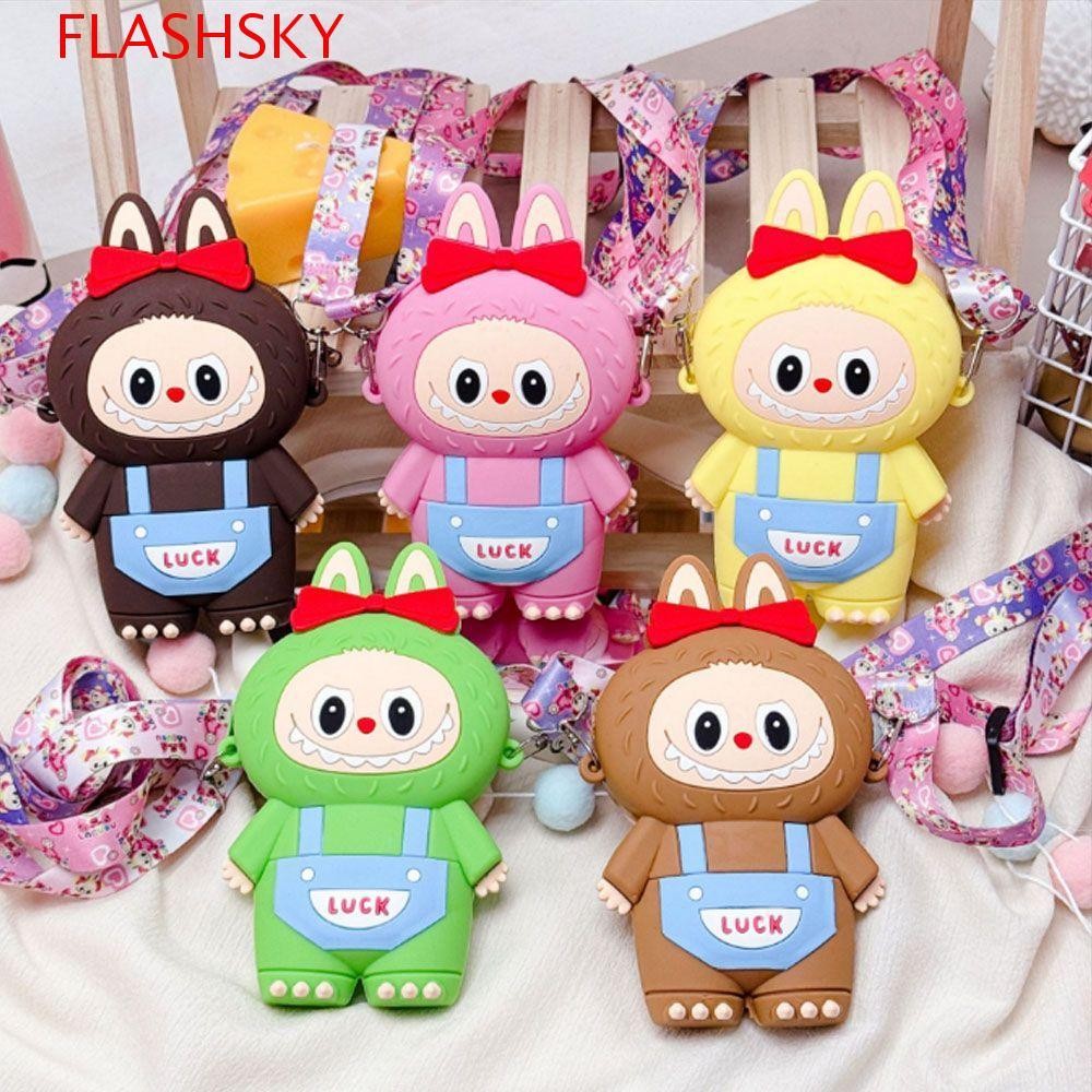 Flashsky Labubu กระเป๋าสะพายข้าง, กระเป๋าใส่เหรียญซิลิโคนตุ๊กตา Labubu, กระเป๋าสะพายลําลอง Little Bunny Change Storage Bag Travel