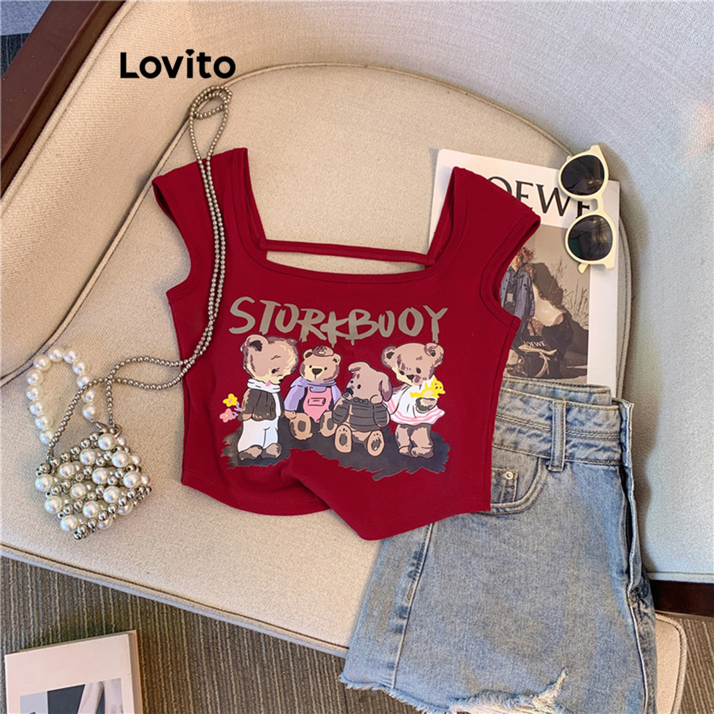 Lovito เสื้อกล้ามลายการ์ตูนลำลองสำหรับผู้หญิง LNE77284