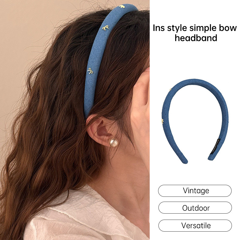 Rubuyou ที่คาดผม คาวบอยยอดนิยมผู้หญิง ประดับโบว์ สีน้ำเงิน INS สไตล์เกาหลีสําหรับผู้หญิง หวาน ย้อนยุค แฟชั่นเครื่องประดั