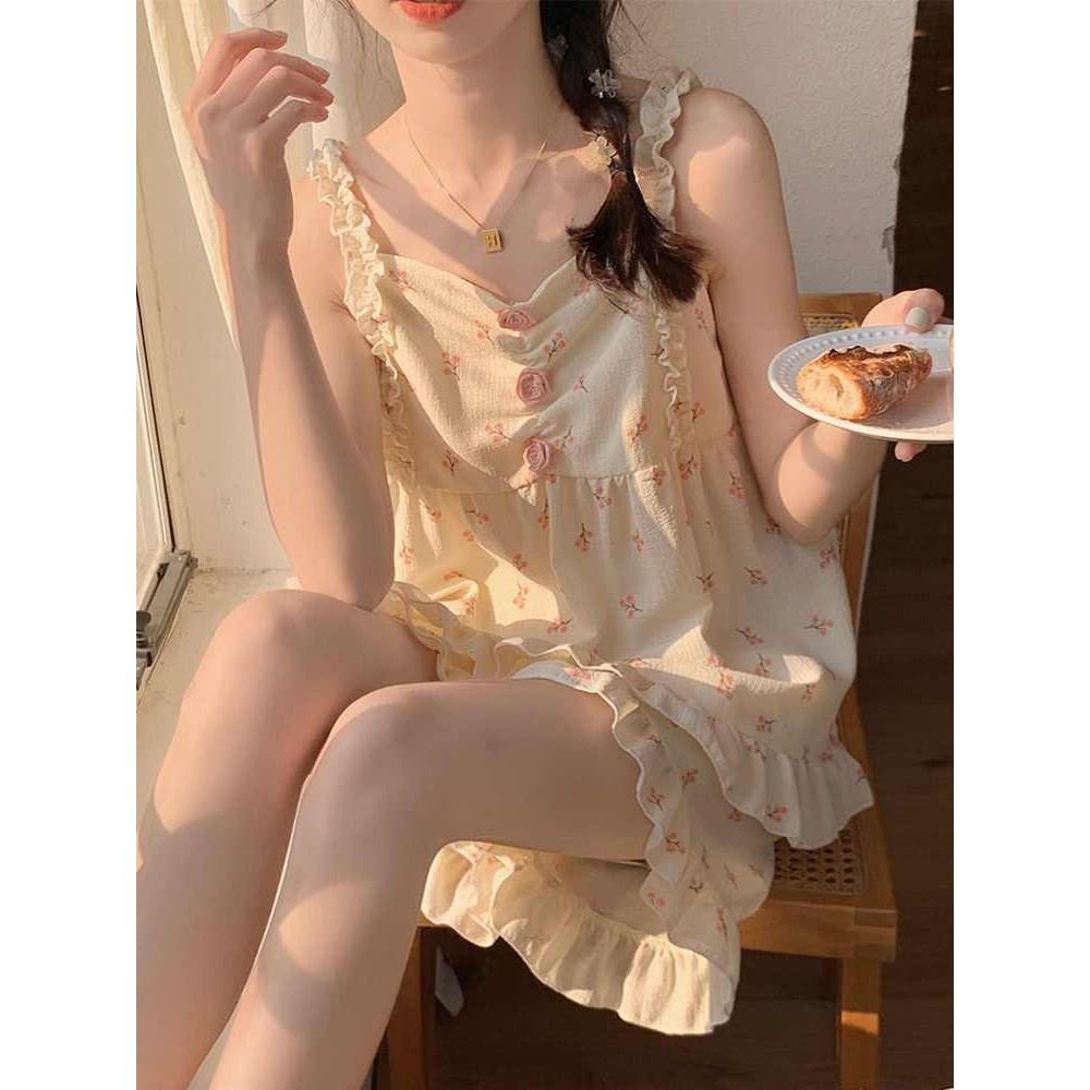 สลิง + กางเกงขาสั้นชุดนอนสตรีฤดูร้อนหวานแขนกุดระดับไฮเอนด์บางสไตล์หลวมนักเรียน ชุดบ้าน สูทรุ่นคุณภาพสูง