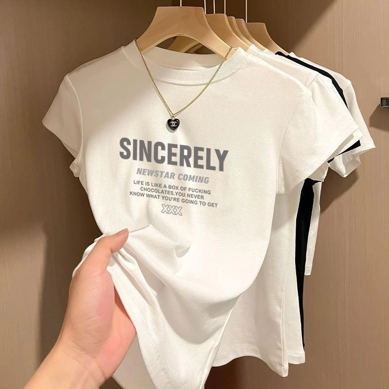 เสื้อคอกลมแขนสั้น สไตล์เรโทร ลำลอง เหมาะกับหน้าร้อน เทรนด์แฟชั่น ล่าสุด สำหรับผู้หญิง ทรงสลิมฟิต