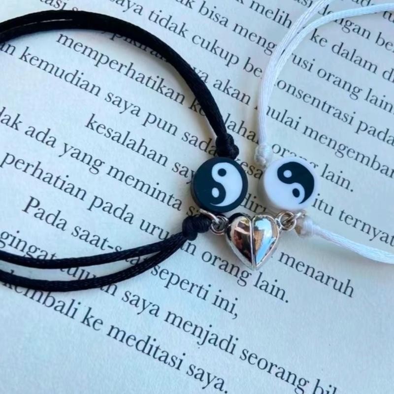Yin Yang Couple Bracelet เชือกขาวดํา + LOVE Magnet เวอร์ชั่นเกาหลีล่าสุด 1.5MM THICK ROPE