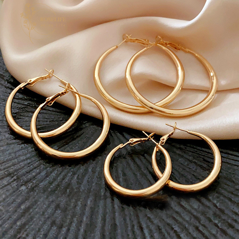 Roselife 14K Gold Glossy Big Dropper Circle Hoop ต่างหูสำหรับผู้หญิง พร้อมเสิร์ฟความหรูหรา