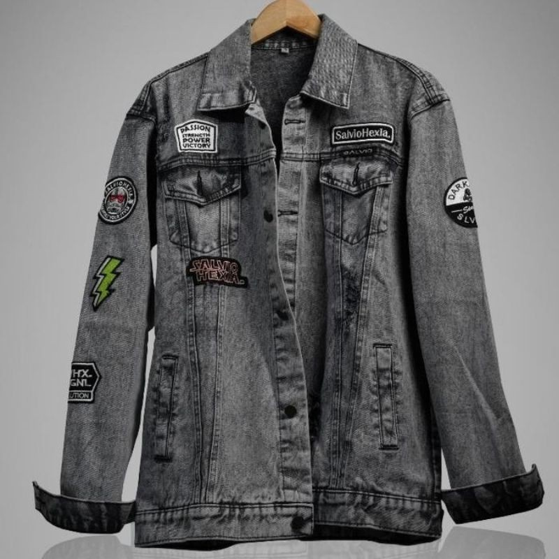 Znine store ผู้ชายปักกางเกงยีนส์แจ็คเก็ต Salviohexia Denim แจ็คเก็ตผู้ชาย Emblem M-XXXL Oversize ล่า