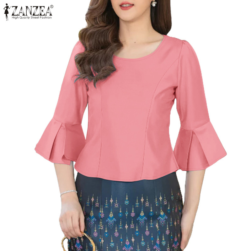 ZANZEA เสื้อผู้หญิงเกาหลี สไตล์-commuting แขน 3/4 รอบคอดีไซน์ทันสมัย