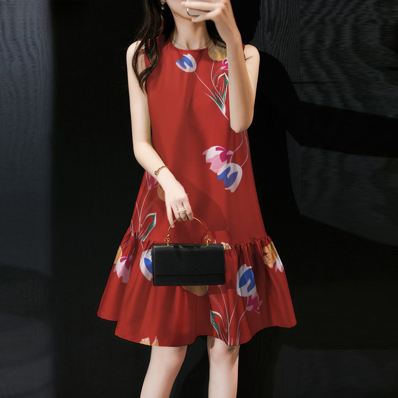 ชุดเดรสผู้หญิงสไตล์เกาหลี แขนกุดคอกลม พิมพ์ลายชุดนางเงือก สไตล์วันหยุดฤดูร้อน