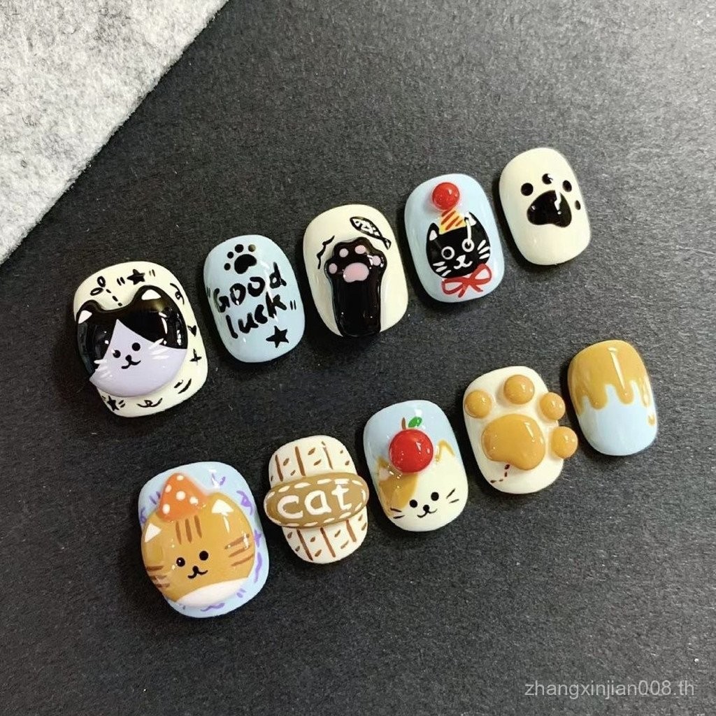⚡ขายร้อน⚡ ทําด้วยมือผลิตภัณฑ์สําเร็จรูปทําด้วยมือสวมใส่เล็บมือวาดสั้นน่ารักสามมิติหยิกสีส้มแมวสีดําแ
