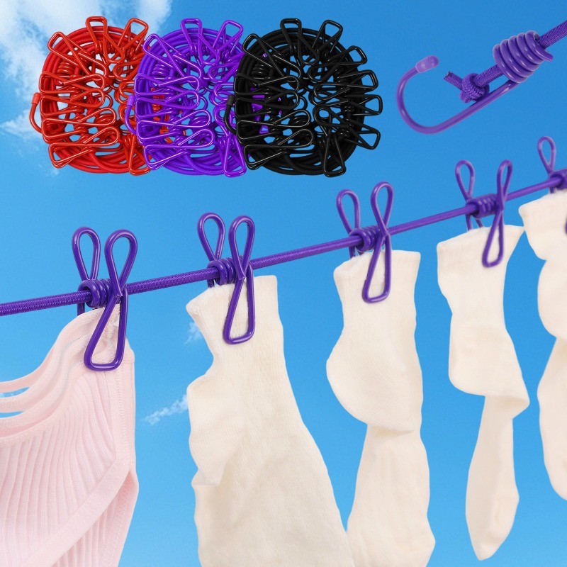 ราวตากผ้าแบบพกพาพร้อมที่หนีบผ้า 12 ผืน, Travel Clothesline Stretching Flex Laundry Clothe Drying Line for Outdoor
