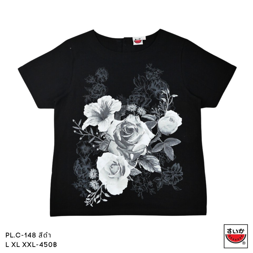 แตงโม (SUIKA) - เสื้อแตงโม คอปาดแขนสั้น ผ้าสลาฟ พิมพ์ลายดอกไม้ ( PL.C-148 017 147 048 152 113 130 )
