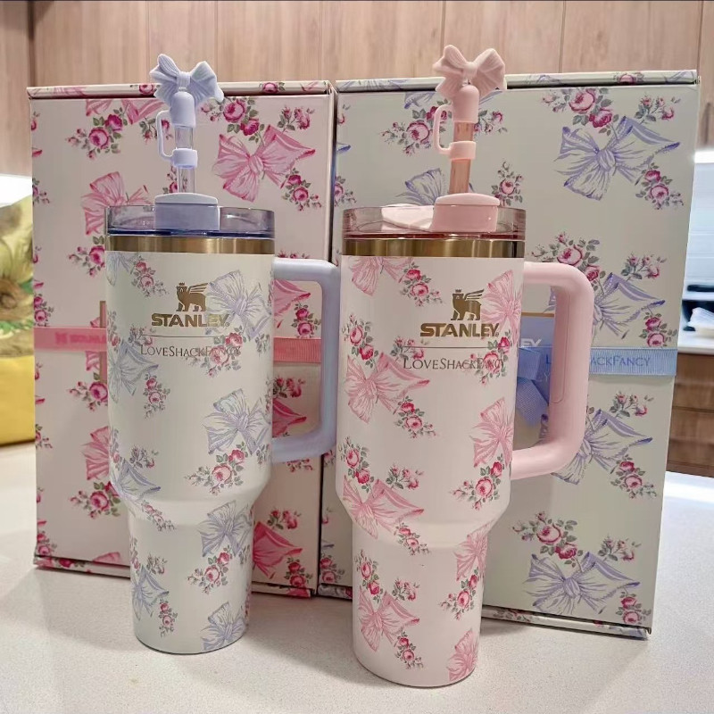 40 ออนซ์ ใหม่สแตนเลสถ้วยสูญญากาศฉนวนสีชมพูโบว์แก้วน้ําที่มีฝาปิดจับฟางรถแก้วกาแฟของขวัญ
