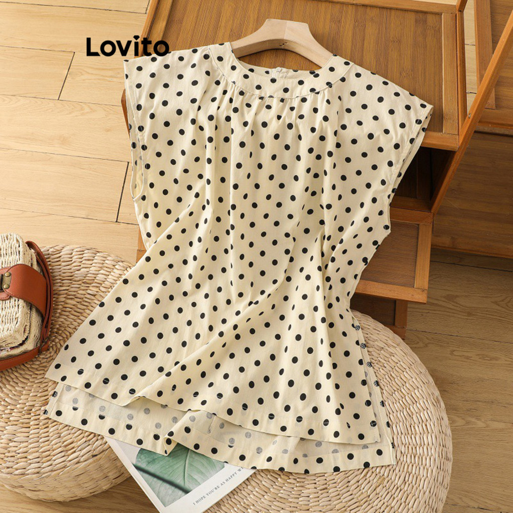 Lovito เสื้อเบลาส์ผ่าหน้าลายจุดสุดหรูหราสำหรับผู้หญิง LNL89143