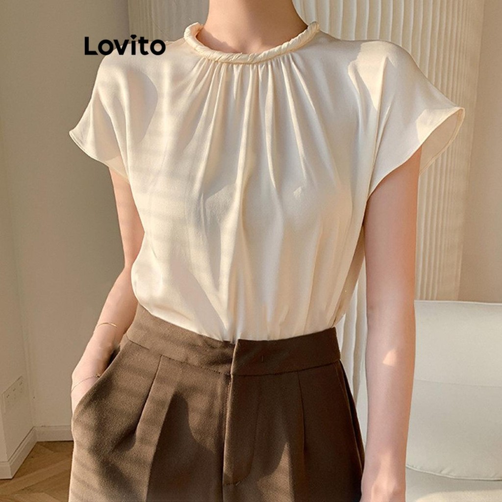 Lovito เสื้อเบลาส์ผู้หญิง แต่งจีบ สีพื้น สไตล์หรูหรา LNL67124