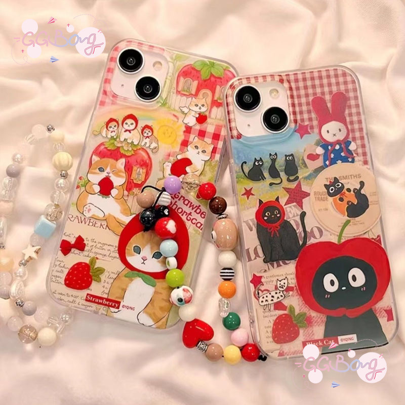 เคสลายสก็อตย้อนยุคสไตล์อินส์พร้อมสายโซ่รูปแมวดำตัวน้อย เคสไอโฟน 11 17 AIR 16 15 13 12 14 Pro Max XR 14 15 7 8 6s Plus XS