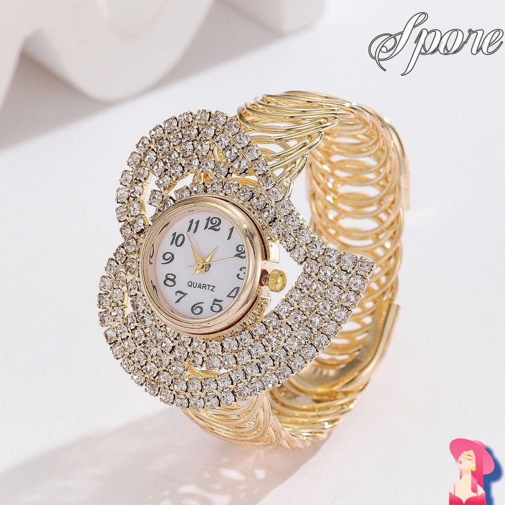 นาฬิกาสร้อยข้อมือ SPORE, นาฬิกาควอทซ์ทรงกลมโลหะผสม, นาฬิกาข้อมือ Rhinestone คริสตัลสีทอง Elegance ผู้หญิง