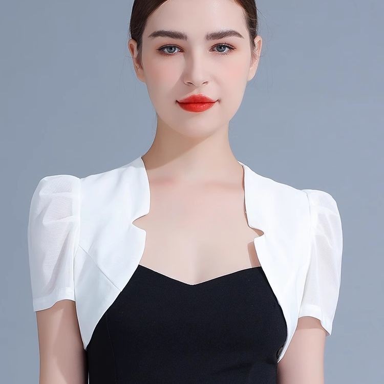 เสื้อ Bolero Blazer สไตล์เกาหลี สำหรับผู้หญิง แขนสั้น สีขาวและดำ พร้อม Shrugs และ.outerwear